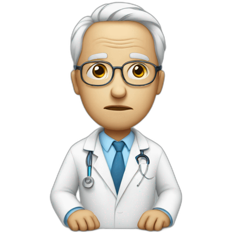 sad bowing man in lab coat with reading glasses emoji