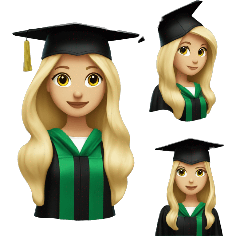 Blonde girl graduating with green accents on black cap and gown emoji