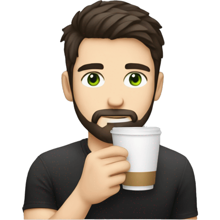 Handsome man with dark hair, holding an cup of coffee, gradient short hair on the side, green eyes. Thin face. Black t-shirt. A little beard. emoji