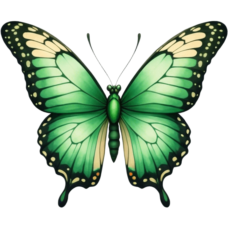 A majestic emerald-green butterfly with wide, intricately detailed wings, painted in a soft watercolor style. The edges of the wings fade into deep black, creating a striking contrast against a warm beige background.
 emoji