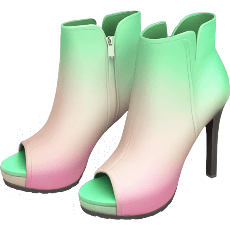 Realistic isolated top view of a pair of light pastel green to pastel pink ombre peep toe ankle bootie boots.  emoji