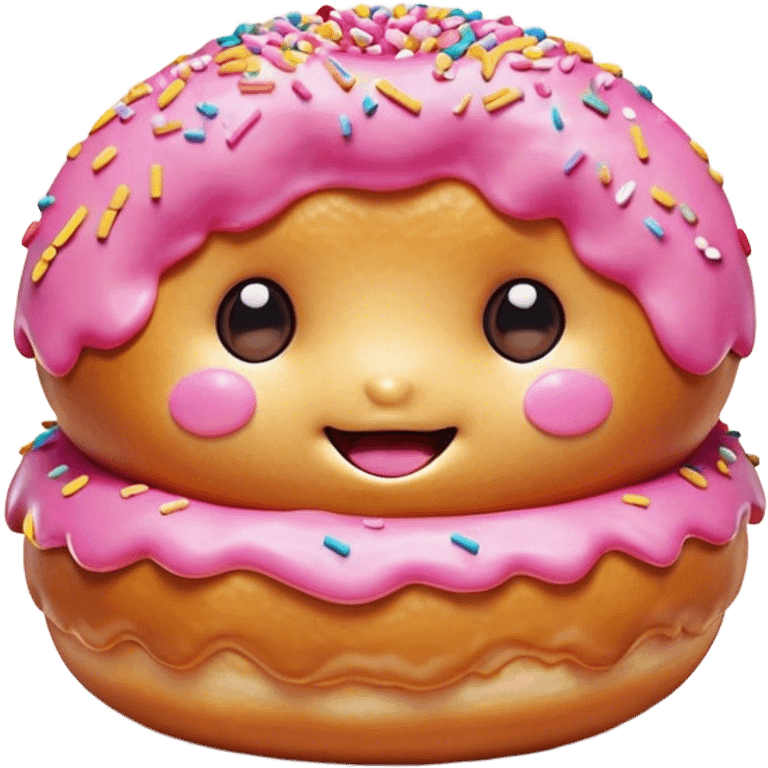 Cinematic tiny happy donut, round and fluffy, golden brown with pink icing and sprinkles, tiny adorable face with blushing cheeks, warm glowing background. emoji