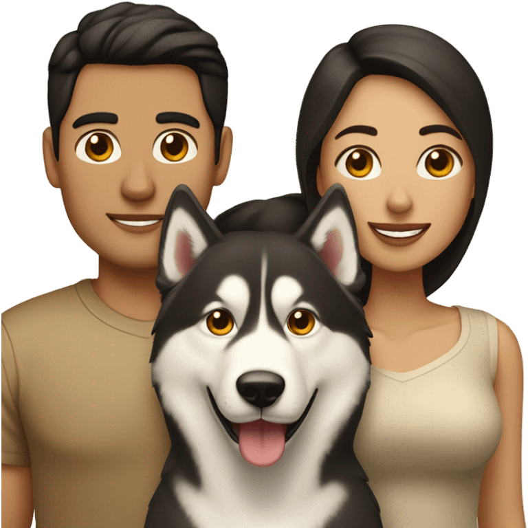 A couple man and woman Both have dark hair, with in the middle of them. A Husky. Golden beige emoji