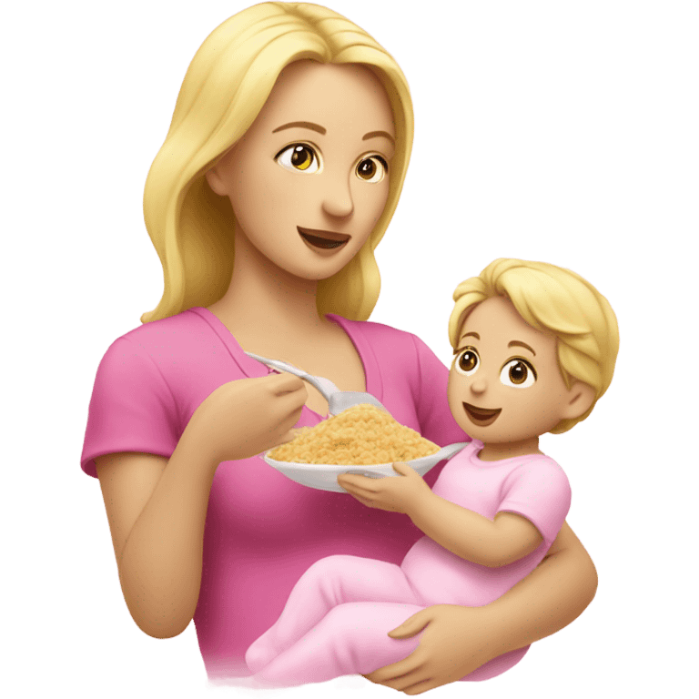 blonde woman feeding baby. pink emoji