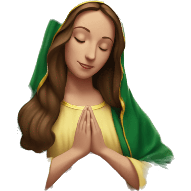 Virgin Mary: kind face looking down at the left, long brown hair, Wearing an emerald green  robe with gold stars and a burgundy red dress,  Hands in prayer or blessing. Halo around her head. standing in front of a big sun. colorful roses on the sides  emoji