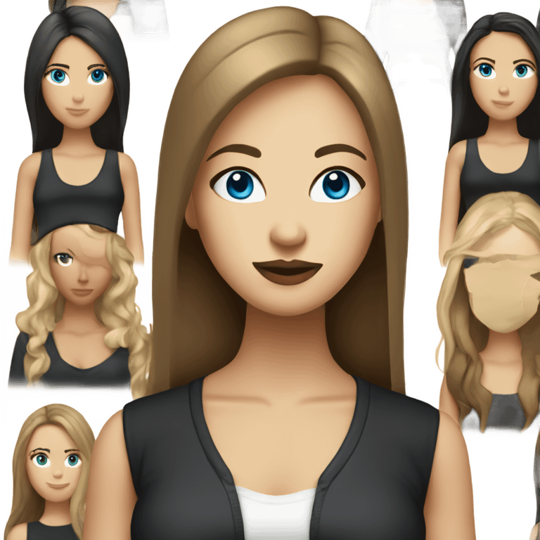 entire, white woman with straight long mid hair, dark brown hair, blue eyes, round face, uni-lips, wearing a black outfit, stylish. emoji