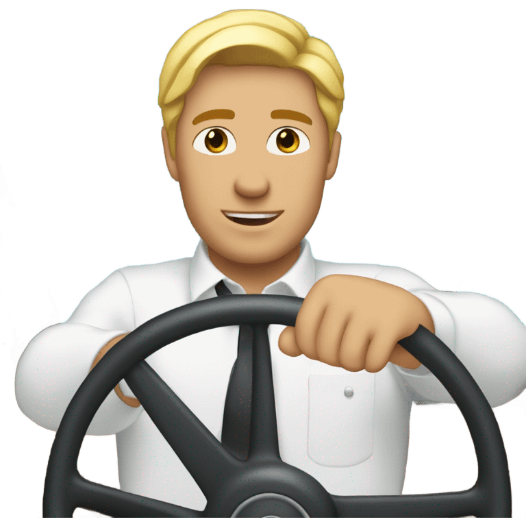 blond man with white button-down shirt behind a steering wheel emoji