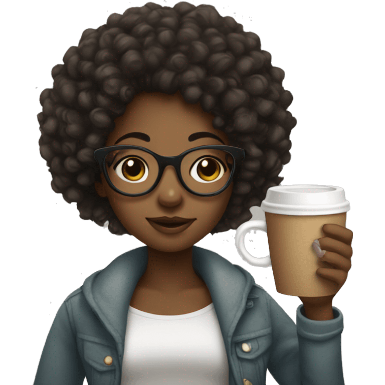 black girl with curly hair and glasses drinking coffee emoji