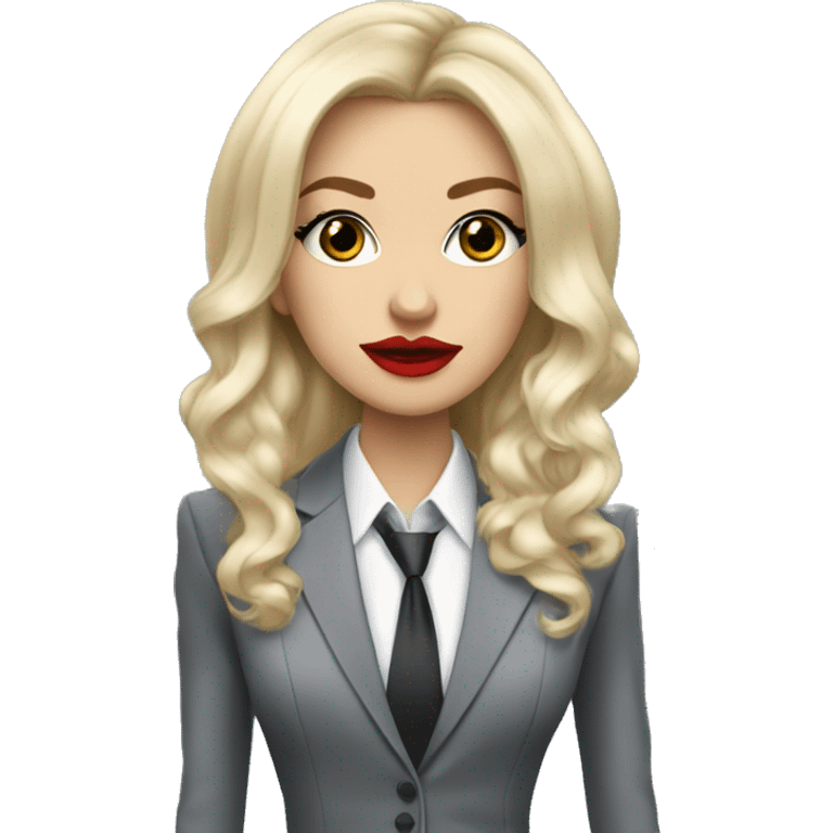 Russian Blonde long hair with big red lips small nose and black eyes Tiffany diamond seller in a grey suit emoji