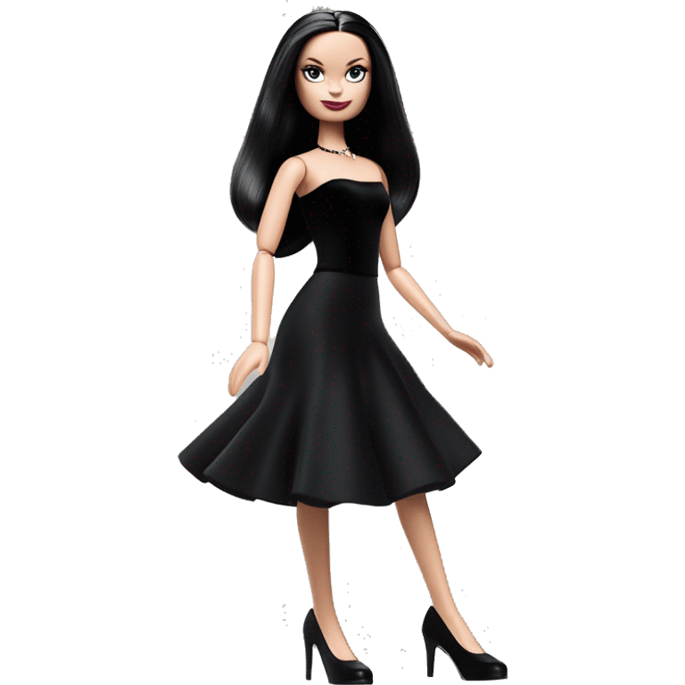  Bunny Wednesday Addams Barbie dancing.  Pretty face. Longer hair, short black flowing strapless tight evening gown with  plunging neckline that’s off-the-shoulders that also shows her legs and black shiny velvet high heel shoes. emoji