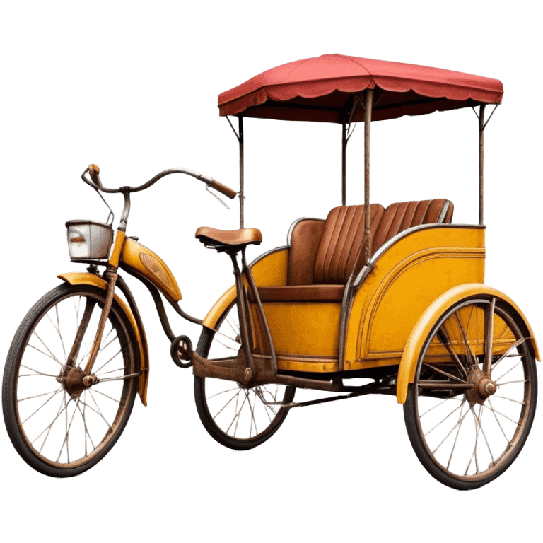 ​Cinematic Realistic Tricycle Rickshaw, depicted as a vintage manually operated vehicle featuring two front wheels and a single rear wheel, rendered with detailed rustic textures, vibrant colors, and dynamic urban lighting that captures its unique design and cultural charm, emoji