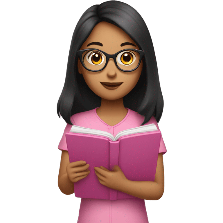 girl with glasses and dark hair reading on a pink tablet emoji