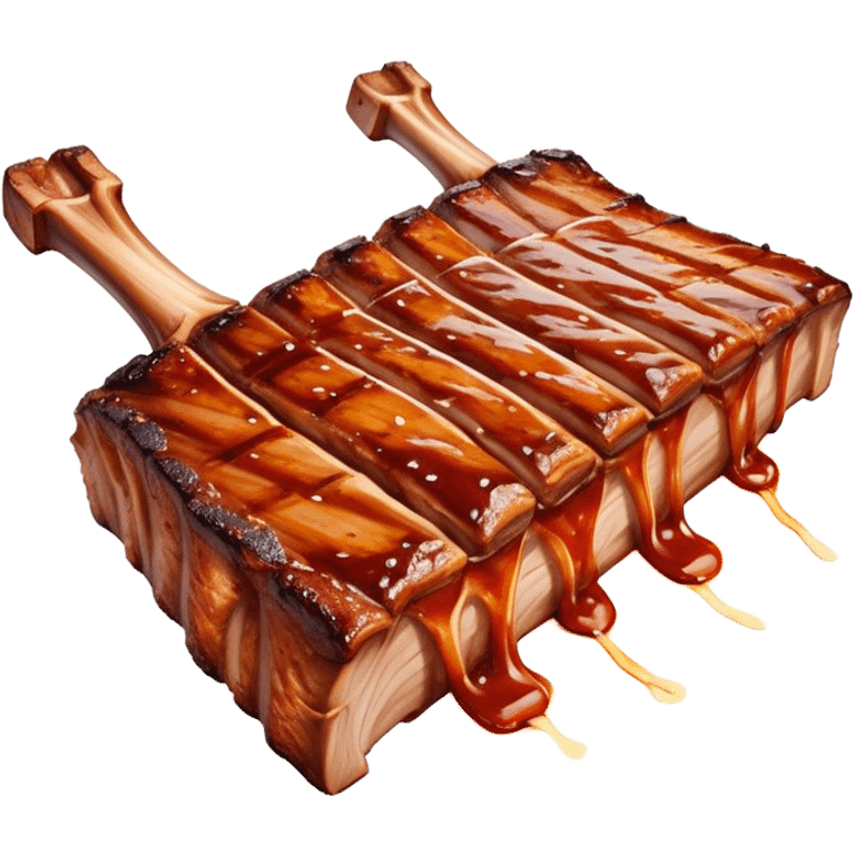 Cinematic juicy grilled ribs, glistening with smoky barbecue sauce, charred edges, tender meat falling off the bone, sizzling on a hot grill, mouthwatering and rich, warm and inviting, ultra-realistic and delicious. emoji