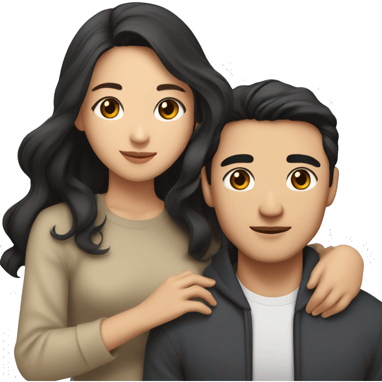 A half pale Asian man with short dark hair and amber eyes embracing and loving a half Asian woman with long wavy dark hair and dark hazel eyes. They love each other a lot And have good fashion taste. And are having a lot of fun emoji