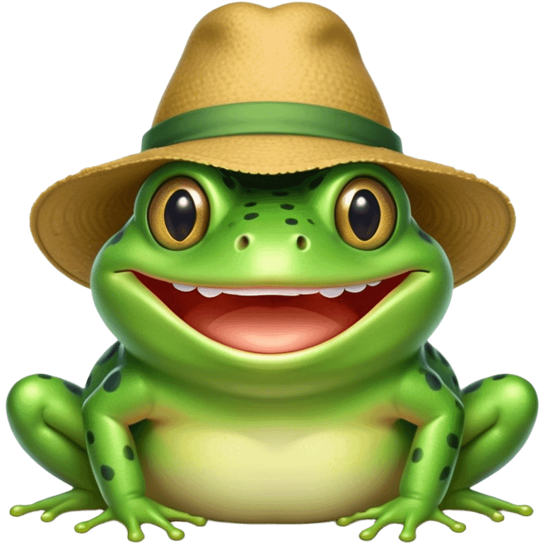 a frog with a hat smiling so big he's teeth are on his hat emoji