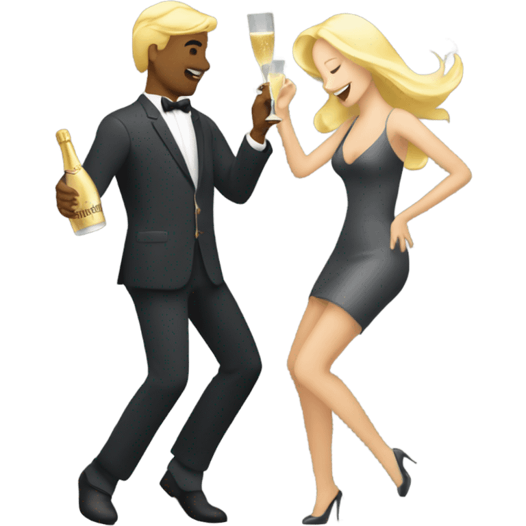 A grey man and a blonde woman dansing with a bottle of champagne by night emoji