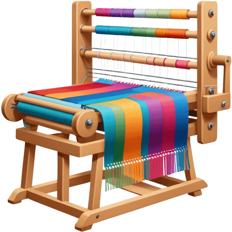 Weaving icon, loom with colorful fabric being woven, visible shuttle, spools of yarn, fabric swatches, sewing patterns, and finished clothing items, minimalistic style, clean lines, transparent background. emoji