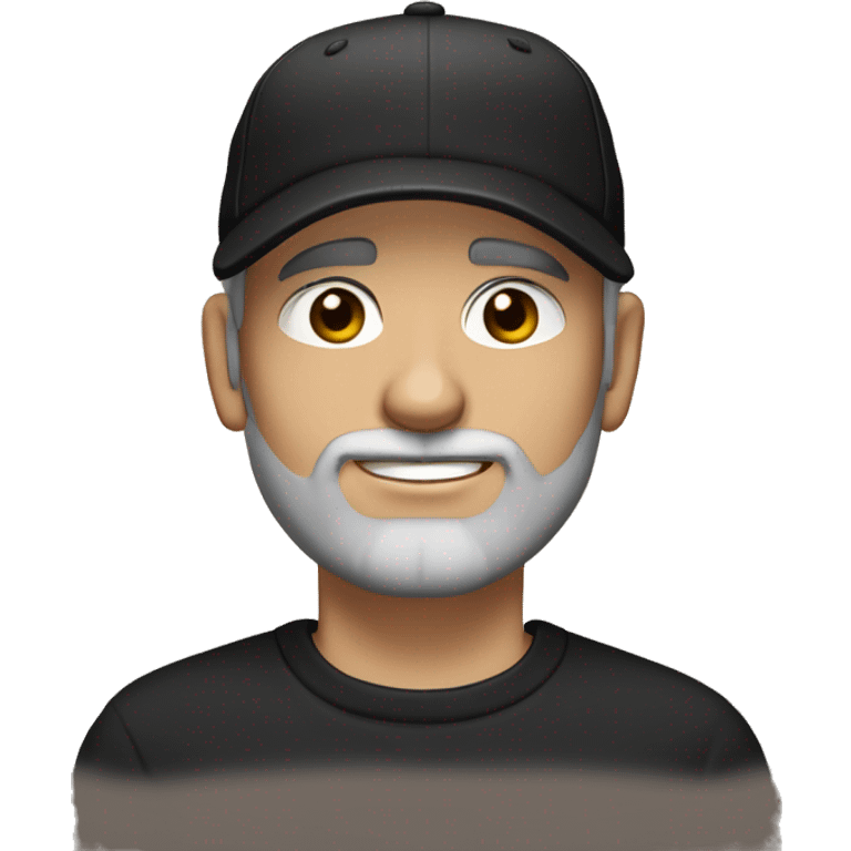 An adult white skin portrait of male with stubble and a slightly gray beard, brown hair, black eyes, wearing a black Reebok cap with a round emblem on his head, and a black sweater. emoji