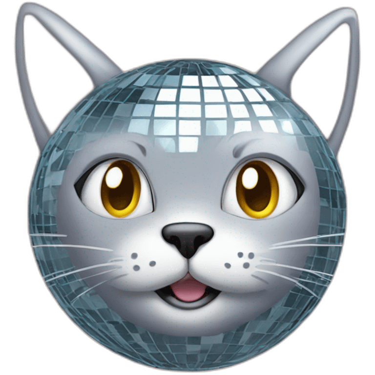 a disco ball in the shape of a cat's head. the cat is smiling. emoji