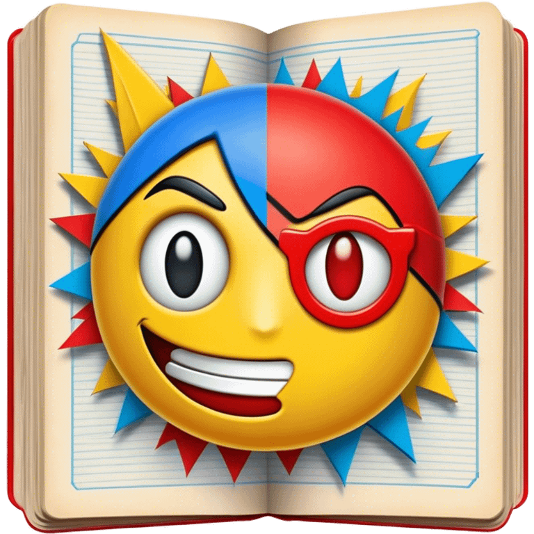 Create a vibrant emoji, representing comic books and graphic novels as an art form. The design should feature a large, opened comic book with vintage comic panels on the pages. Include a pencil (without a hand), writing text or sketching on the pages. The comic panels should have bold lines and retro-style artwork with classic comic book visuals. Use bright, energetic colors like red, yellow, and blue to evoke excitement and creativity. The overall design should feel dynamic, vintage, and artistic. Make the background transparent. emoji