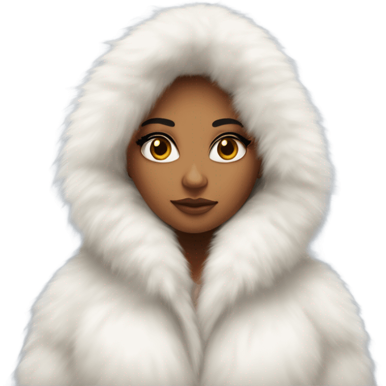 Tanned Girl with lashes ,  in an extremely big fluffy oversized white fur coat with hood on. The fur is real and it’s very obvious big and fluffy like in Pinterest  emoji