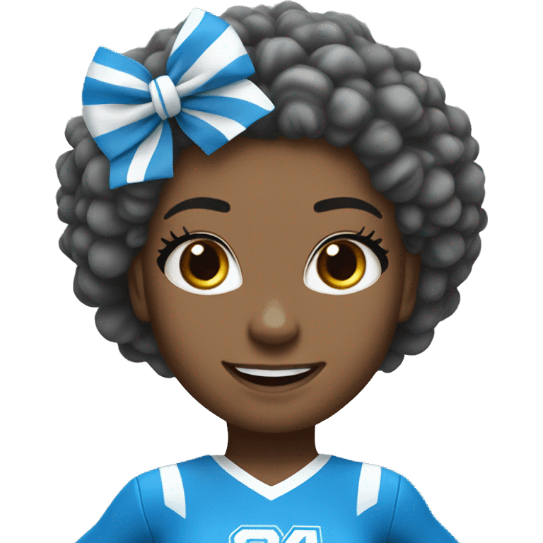 A full-length cheerleader girl in a blue suit with white and blue pompoms. Energetic and cheerful emoji