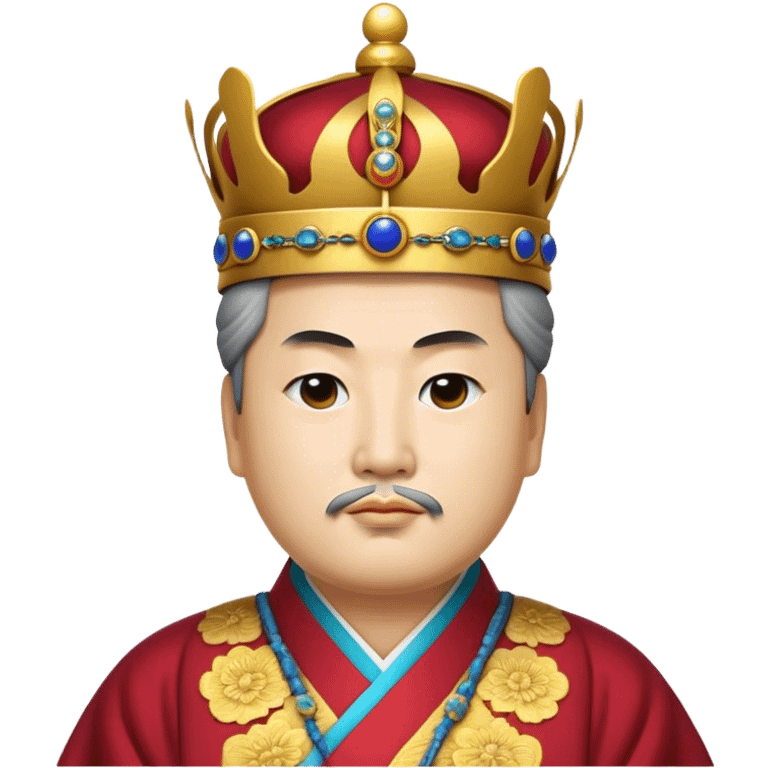 Cinematic Realistic King Sejong Portrait Emoji, depicted as a wise benevolent monarch in traditional Korean royal attire with a thoughtful gaze, rendered with intricate textures and regal soft lighting that captures his historical significance. emoji