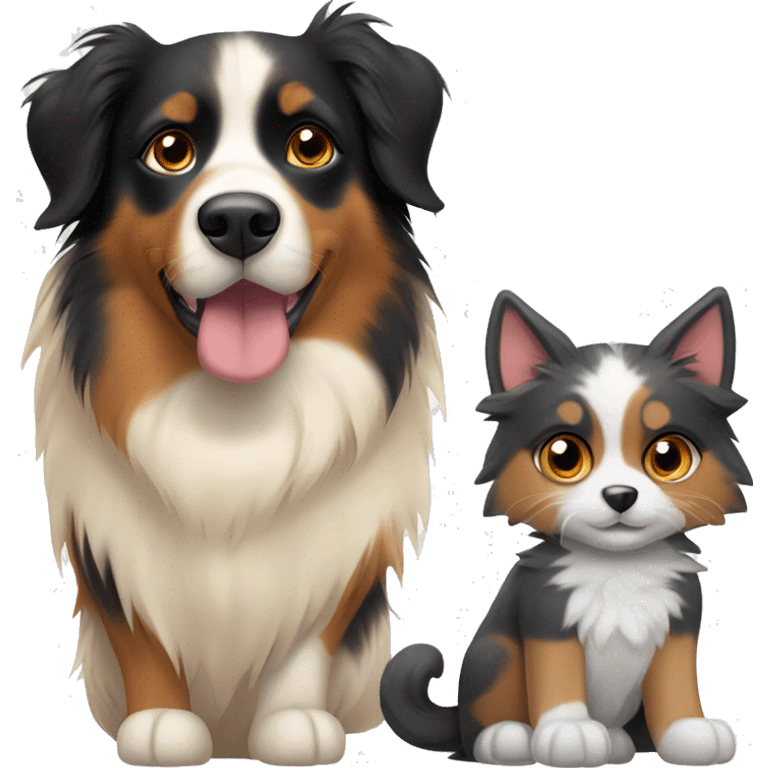 A calico cat next to a black and tan Australian Shepard dog emoji