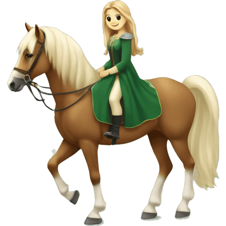 A beautiful majesty Haflinger was riding by a white beautiful girl with brown hair and a forest green princess dress emoji