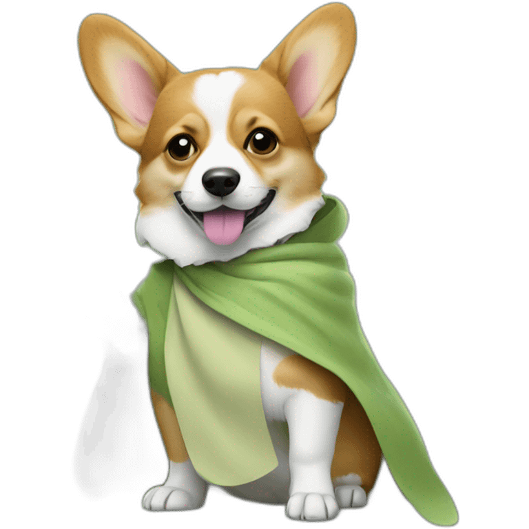 Corgi dress as yoda with one light saber green emoji