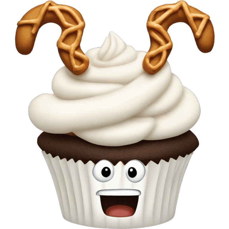 Cupcake with white frosting and pretzel antlers at the top  emoji