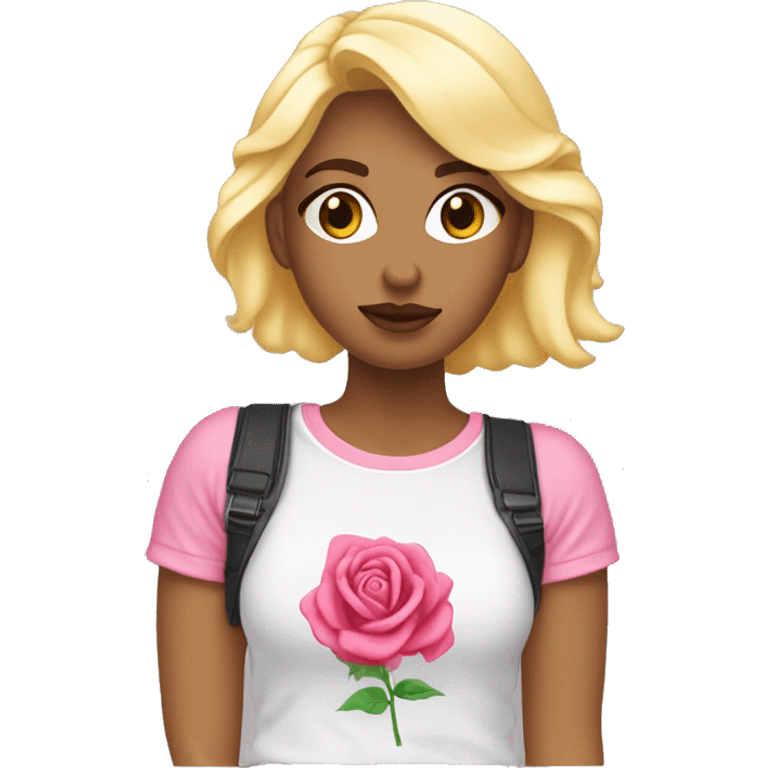 fifille coquette blonde et yeux avec un t-shirt rose coquette et qui fait ✌🏼 avec sa main droite emoji