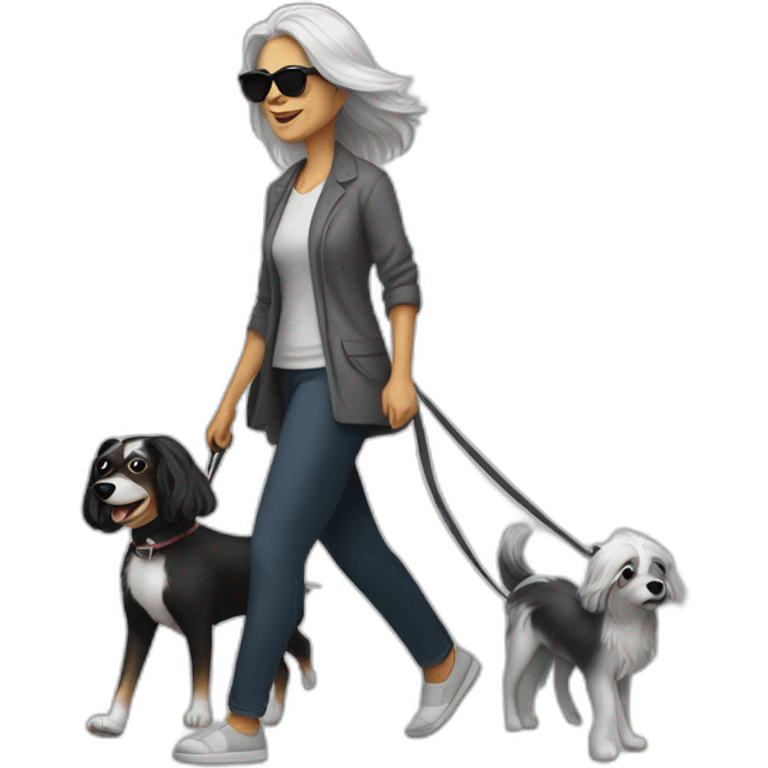 Mom with long grey hair wearing sunglasses walking a black and white dog emoji