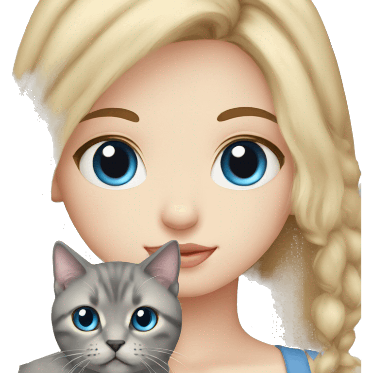 Blonde blue eye girl with Scottish fold grey cat emoji