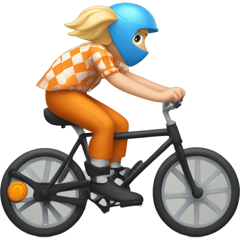 a boy with blond hair and blue eyes dressed in checkered shirt and black helmet on his head riding an orange fix bicycle emoji