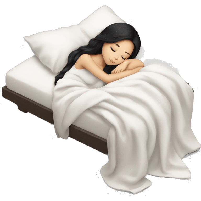 asian cute girl with long beauty black hair sleeping with white blanket and pillow emoji