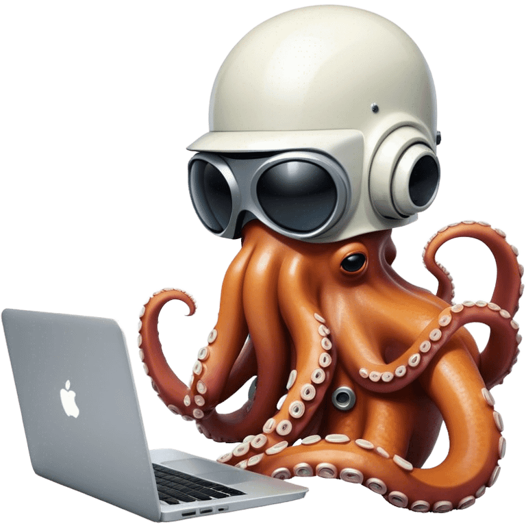 Octopus wearing a daft punk helmet and writing code on a laptop emoji