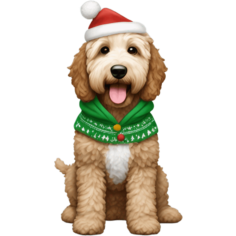 White and brown goldendoodle in a Christmas hoodie emoji