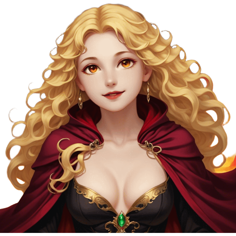 A breathtakingly beautiful female Fae with golden, wavy hair cascading down her back, her amber eyes sparkling with both warmth and untamed power. She wears a fitted black bodice paired with an opulent crimson cloak, the fabric swirling around her like liquid fire. Her lips are curved in a knowing smile, her posture both regal and effortlessly confident emoji