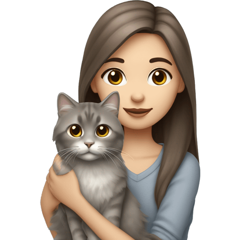 Brown straight hair girl with gray eyes holding fluffy Siberian gray cat  emoji