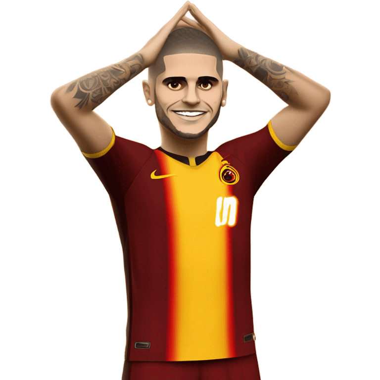  Create an emoji character of Mauro Icardi, wearing a Galatasaray FC football kit. The character is celebrating a goal with his classic pose, hands behind his ears. He has a confident and playful expression, capturing Icardi’s trademark celebration. The Galatasaray kit is yellow and red, with the team’s logo on the chest. The design should be cartoonish and bold, with vivid colors, making the character dynamic and full of energy. The background should be simple, focusing on Icardi's celebration. emoji