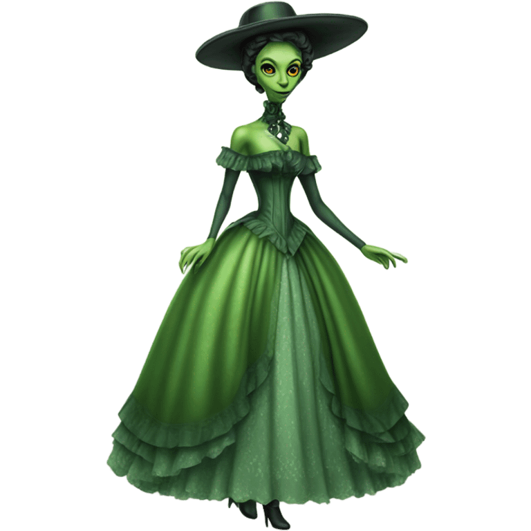 "green alien woman" galora in Victorian dress elegant, full body emoji