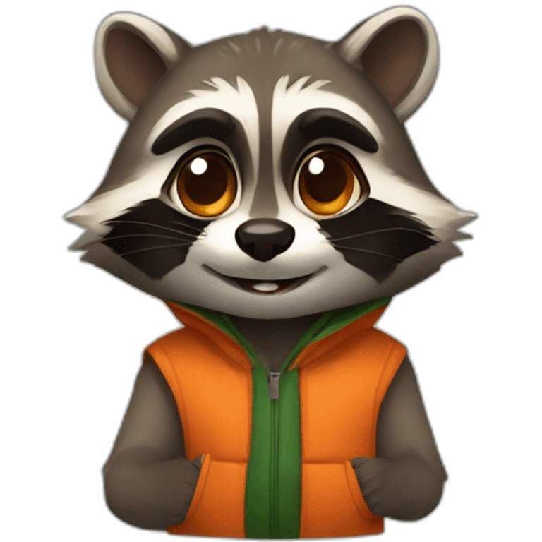 a small brown raccoon with orange eyes with a dark green hood that laugh emoji