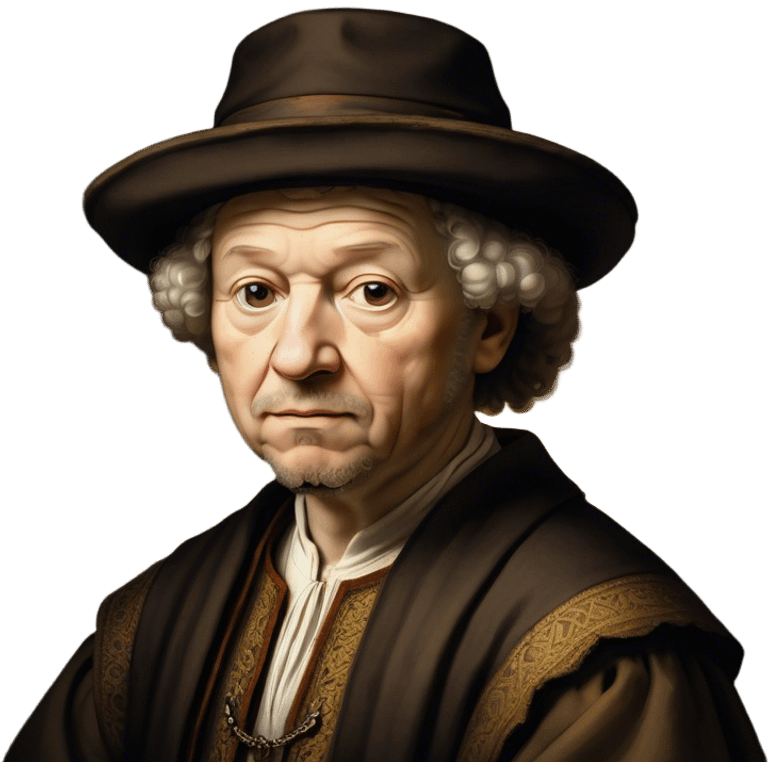 Cinematic Realistic portrait of Rembrandt, shown as a master artist with deep, introspective eyes and richly detailed period clothing, rendered with dramatic chiaroscuro lighting that emphasizes his legacy emoji