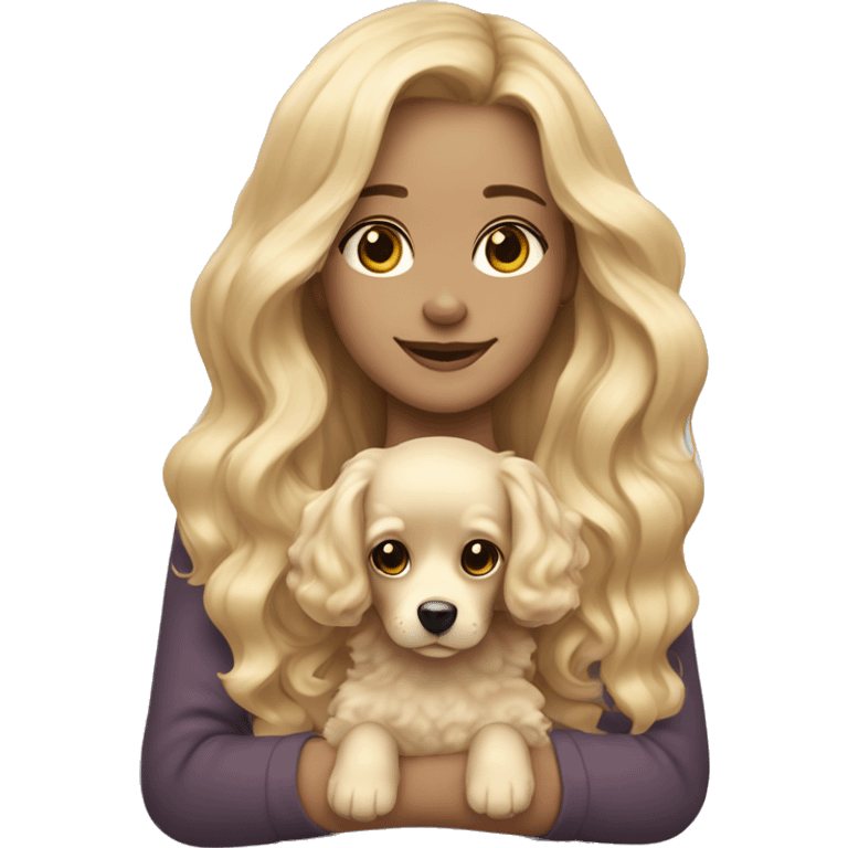 blonde long wavy hair girl holding a cute multipu dog with short ears wavy fur emoji