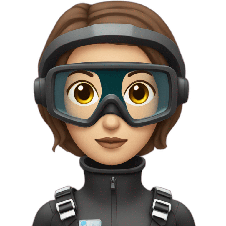 a woman with a scubadiver suit. pink dive mask, with blues eyes inside. brown largue and straight hair emoji