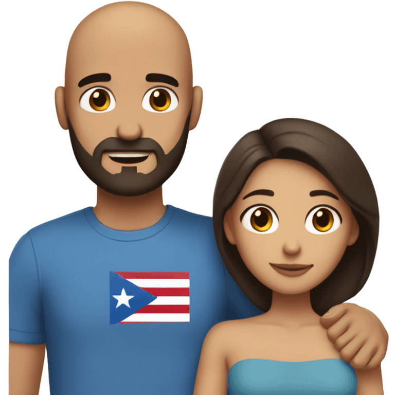 Comforting hug from brunette Puerto Rican with dark brown eyes wearing a cute blue top to short, bald man with brown eyes and a beard emoji