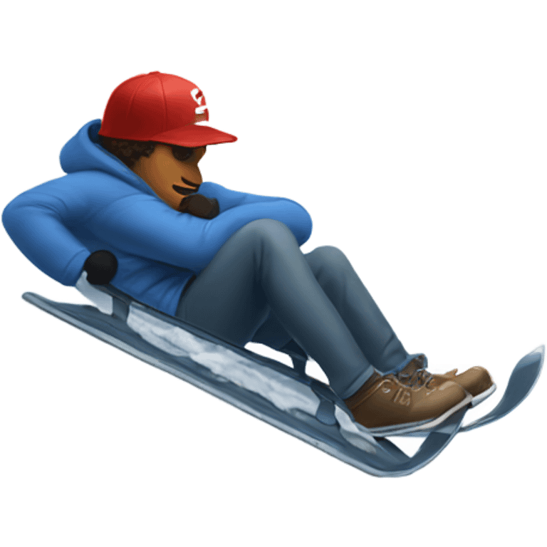 Man wearing a baseball cap backwards, sledding down a snow covered hill emoji