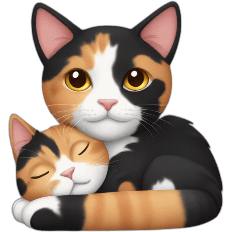 calico cat cuddling with black male cat emoji