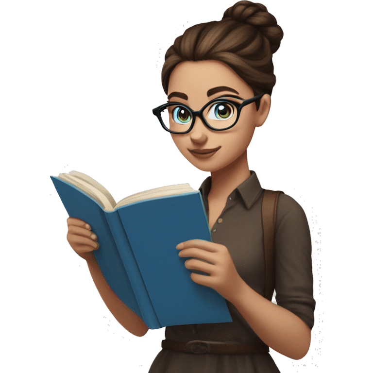 Blue eyed girl with Messy bun brunette haired girl with blue eyes reading a book and wearing glasses  emoji